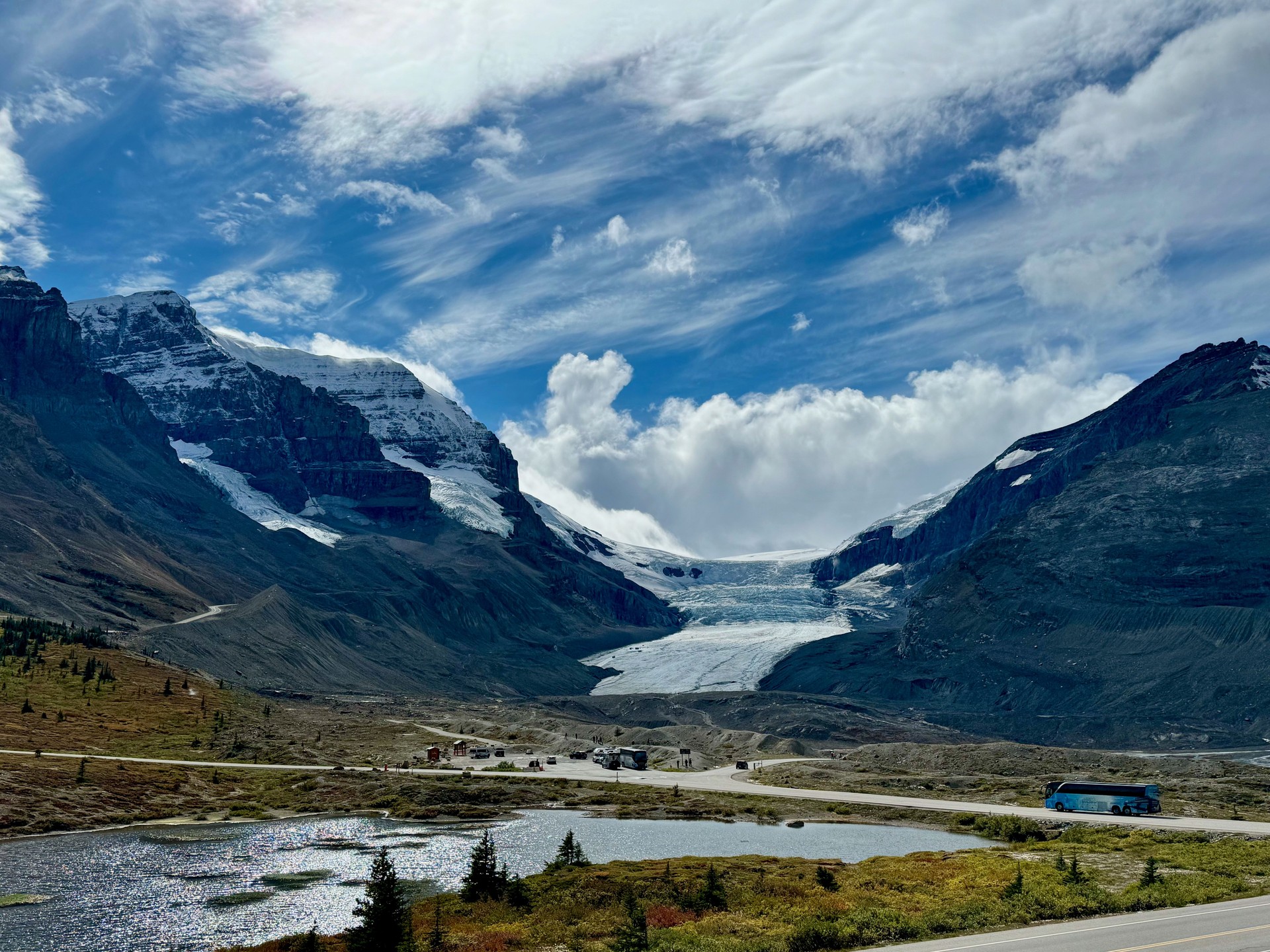 Panorama of the Athabasca Glacier and surrounding mountains on the Icefields Parkway