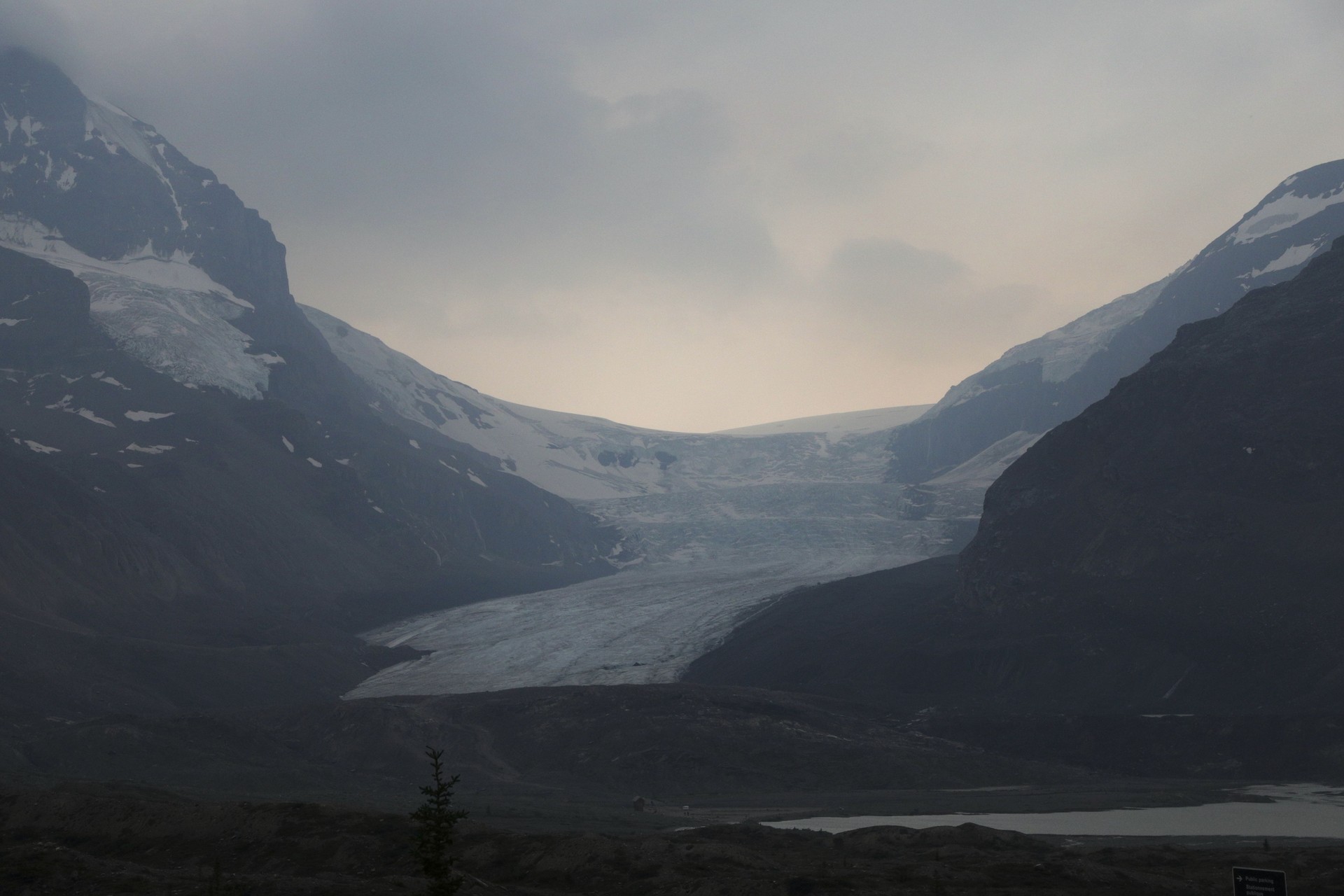 Columbia Icefields viewed through wildfire smoke, Alberta, Canada
